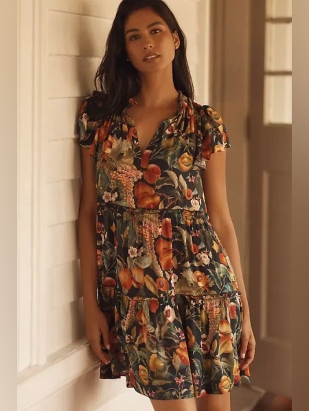 Anthropologie Black Fruit & Floral Tiered Midi Dress
